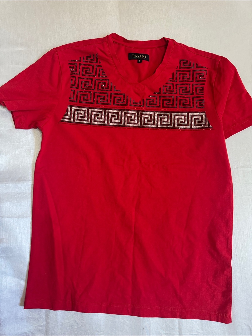Pavini Red V-Neck Tee with Geometric Sequin Motif.  #002